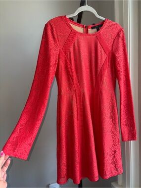 BCBGMaxAzria Baylie Coral Paisley Lace Long-Sleeve Fit & Flare Mini Dress Medium